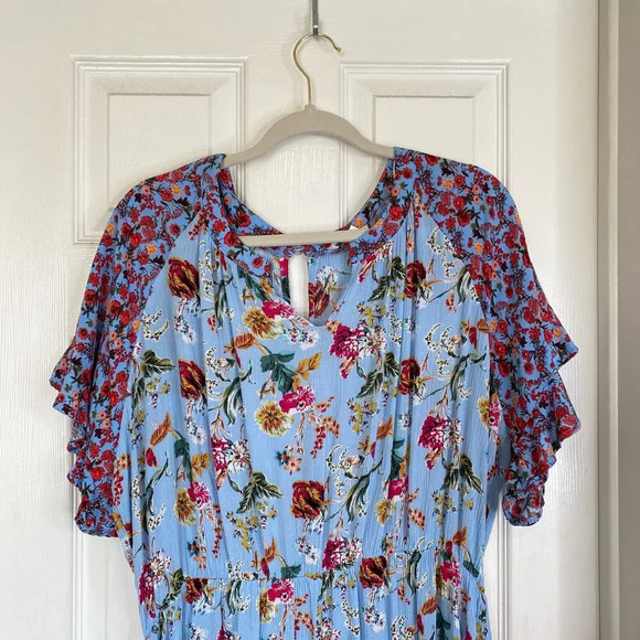 UMGEE + Floral Mixed Print Split Neck Ruffle Sleeve Romper Sky Blue Plus Size 2X - Picture 4 of 7